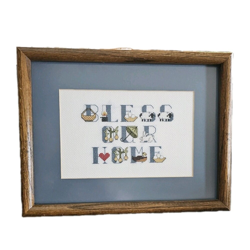 Hand Made Cross Stitch "Bless Our Home" Professionally Framed 13x10x1